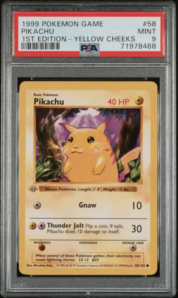 PSA 9 Grey stamp, Shadowless 1st Pikachu 58/102